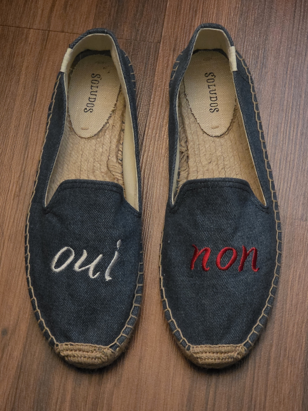 Soludos Navy Denim Espadrilles with 'oui' & 'non' Embroidery